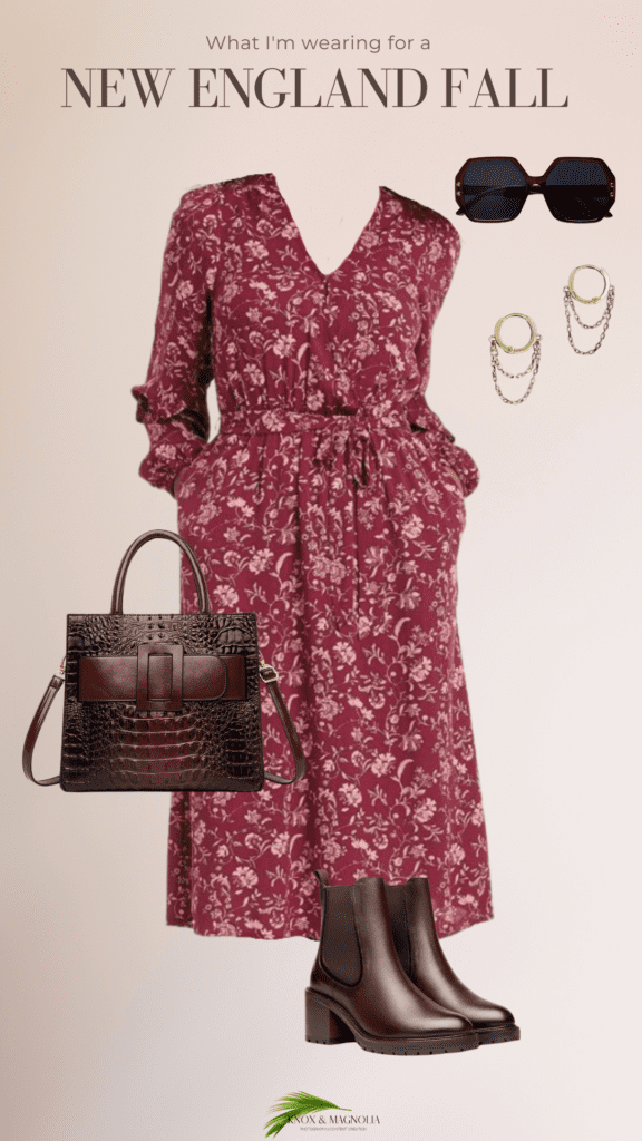 mood board of cute New England fall outfits showing a long, flower print dress with brown Chelsea boots, large round sunglasses, and a brown leather purse