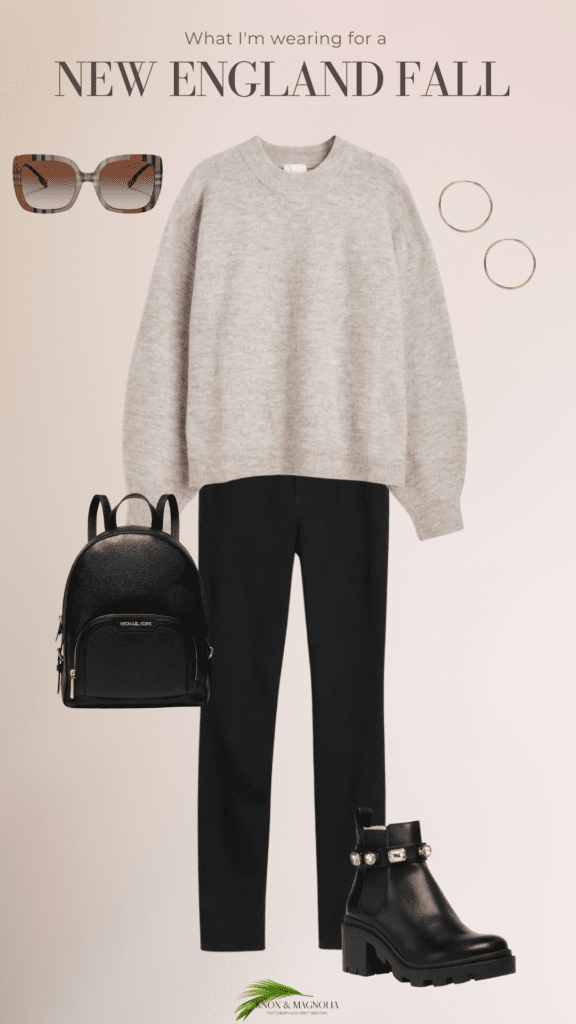 mood board showing a beige sweater with black jeans, black Chelsea boots, and plaid sunglasses. 