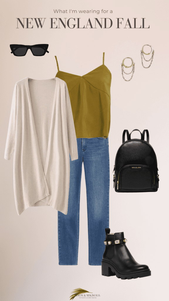 mood board of cute New England fall outfits showing a chartreuse tank, beige cardigan, black backpack purse, black Chelsea boots, and gold dangle earrings. 