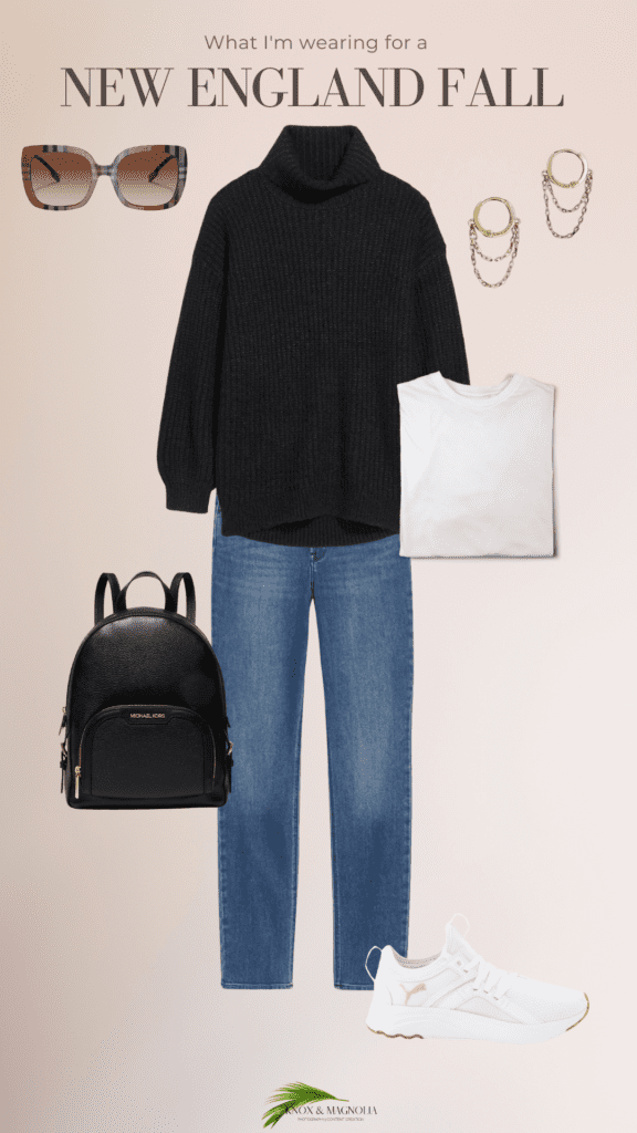 mood board of cute New England fall outfits showing a black turtleneck with blue jeans, a black backpack purse, plaid style sunglasses, and white sneakers.